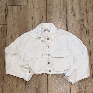ZARA White Distressed Denim Cropped Jacket
